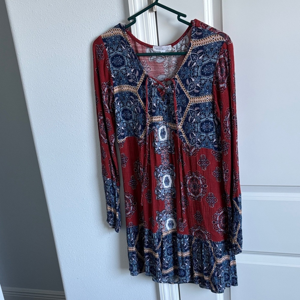 Socialite Red and Blue Patterned Lace-Up Dress